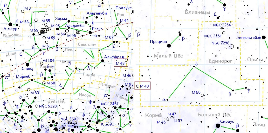 Position de l'amas M48 par rapport aux constellations