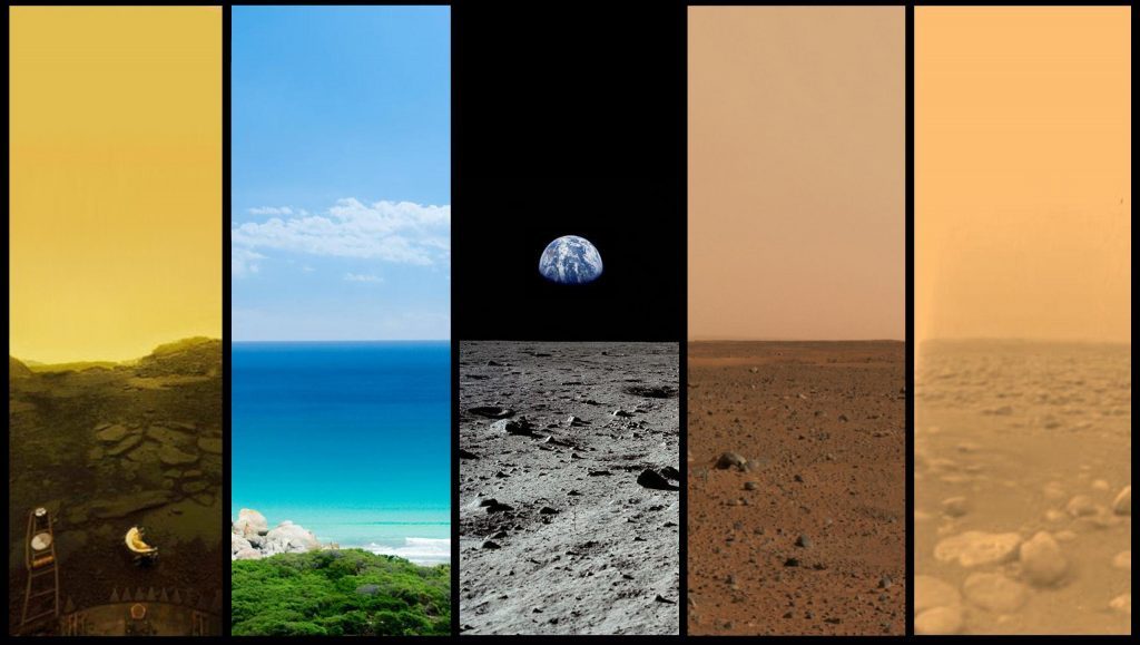 Comparaison de la surface de Vénus, de la Terre, de la Lune, de Mars et de Titan (de gauche à droite)