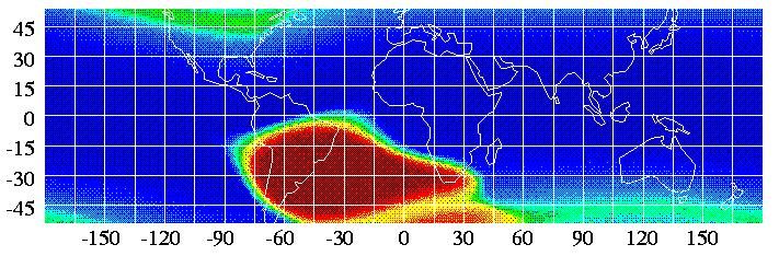 Carte de la densité des particules élémentaires chargées à une altitude d'environ 0,5 mille kilomètres de la surface de la Terre d'après les données du satellite ROSAT.