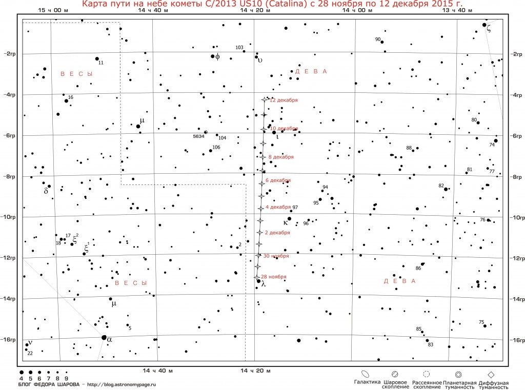 Carte de la trajectoire de la comète C/2013 US10 Catalina dans le ciel 