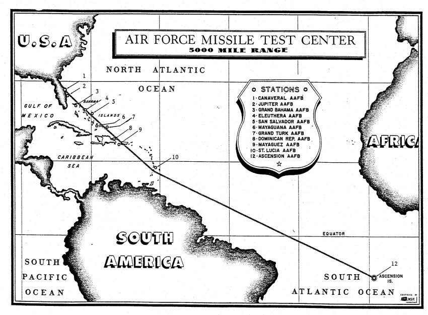 Trajectoire des lancements d'ICBM américains depuis la côte de Floride vers l'île de l'Ascension dans l'océan Atlantique