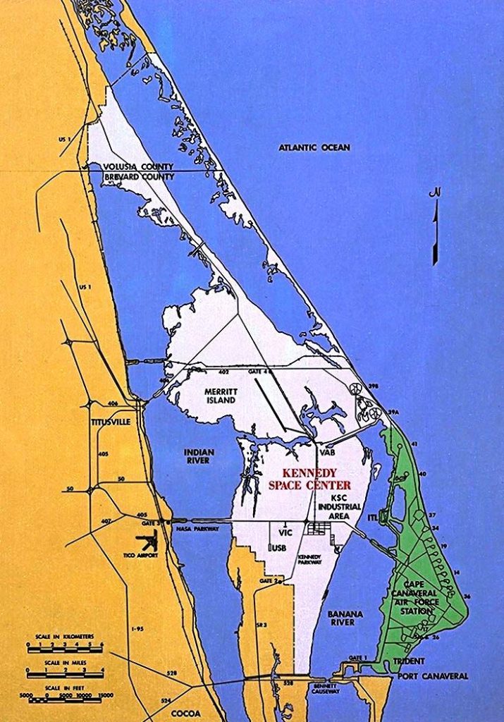 Merritt Island (zone blanche) et Cap Canaveral (zone verte) sur la carte