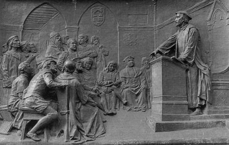 Giordano Bruno à Oxford, relief sur le piédestal du monument à Rome.