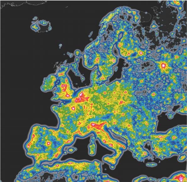 Carte de la pollution lumineuse sur le continent européen