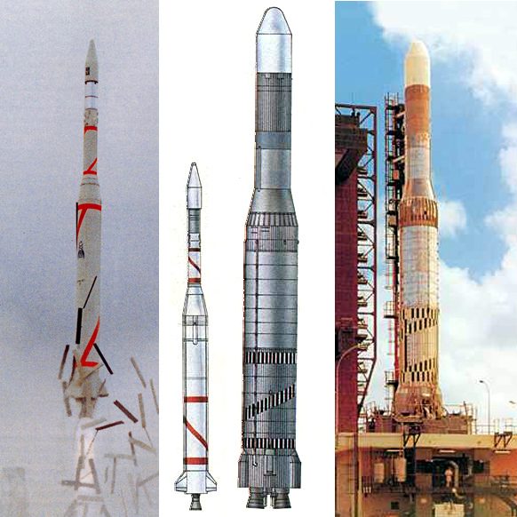 Comparaison des fusées Diamant (à gauche) et Europa (à droite).