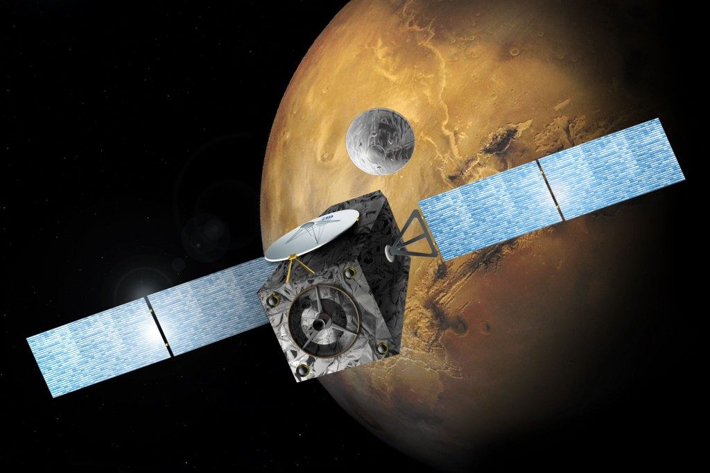 Le véhicule ExoMars Trace Gas Orbiter en orbite autour de Mars (vue d'artiste)