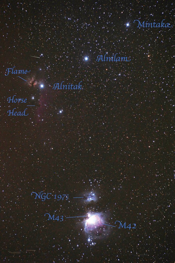 Étoiles Alnitak, Alnilam et Mintaka, nébuleuse de la Tête de cheval et M42.