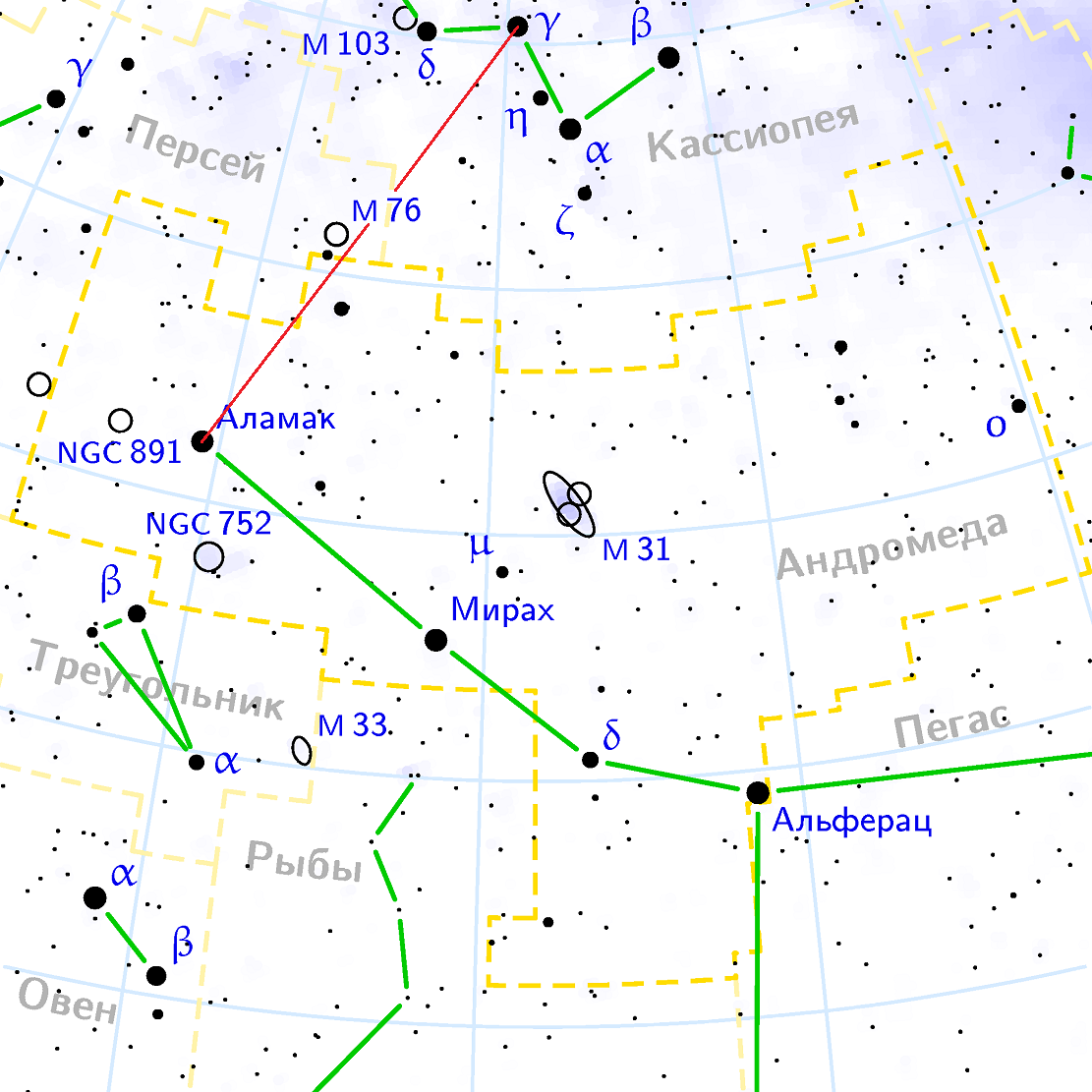 Position de la nébuleuse M76 par rapport aux constellations Persky, Cassiopée et Andromède