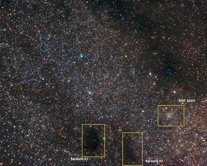 Nuages d'étoiles : les nébuleuses de Barnard 92 et 93, et l'amas NGC 6603