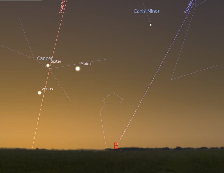 Conjonction entre la Lune, Vénus et Jupiter le matin du 23 août 2014