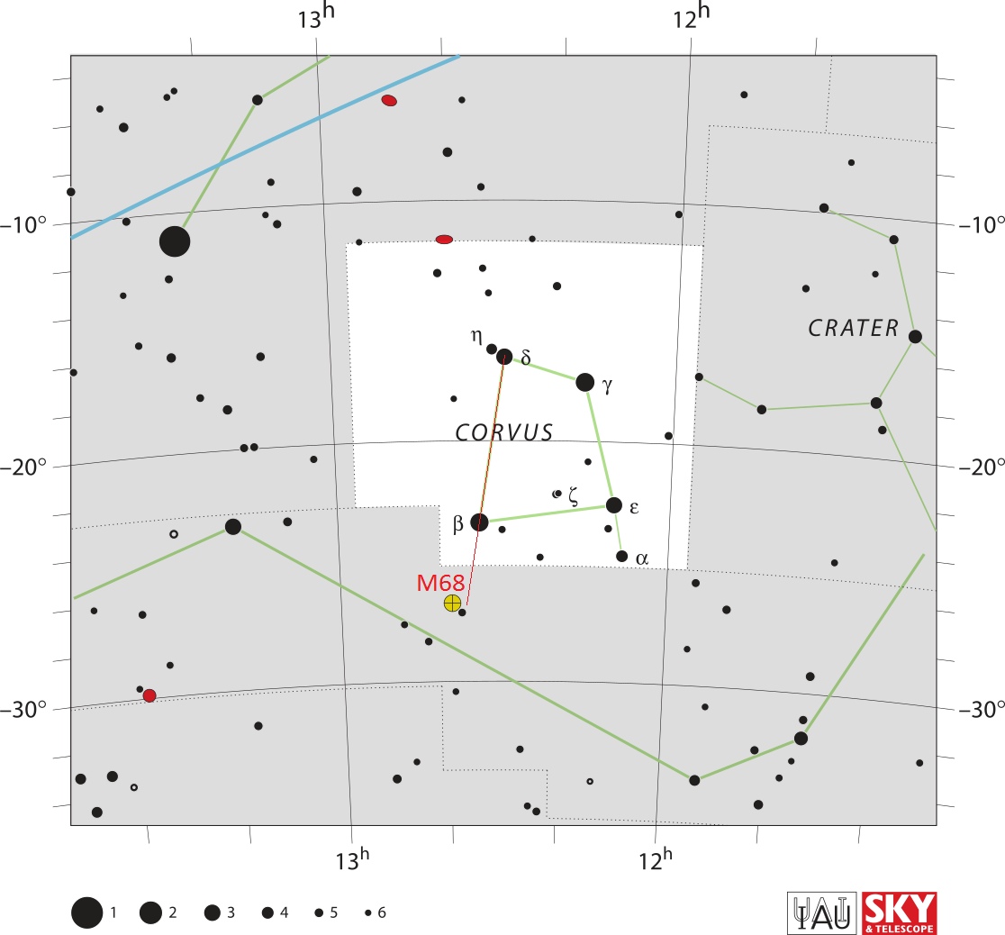Position de l'amas Messier 68 par rapport aux étoiles de la constellation voisine du Corbeau.