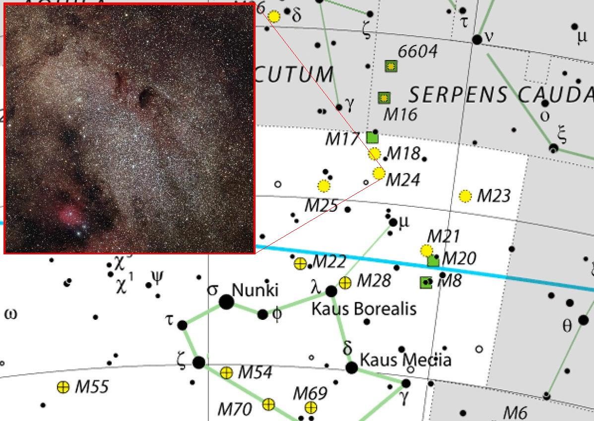 Position de l'objet Messier 24 dans la constellation du Sagittaire