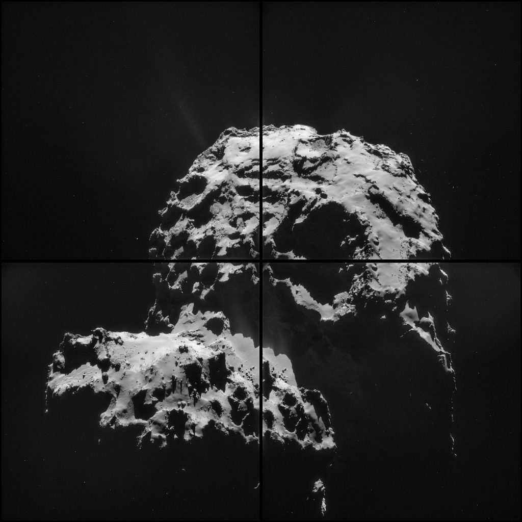 Cette mosaïque est composée de quatre images prises le 30 novembre 2014 à une distance de 30,2 km du centre de la comète Churyumov-Gerasimenko.