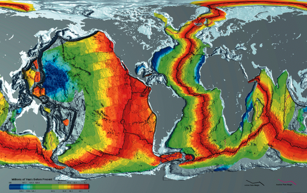 Âge de la croûte océanique (le rouge correspond à une croûte jeune, le bleu à une croûte ancienne). 