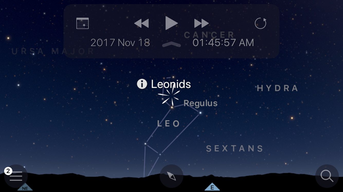 Position du radiant des Léonides dans la constellation du Lion (capture d'écran de l'application Sky guid).