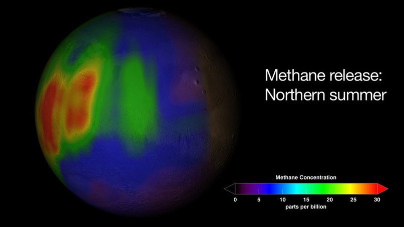 Carte de la répartition du méthane sur Mars.