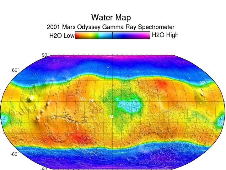 Carte de l'eau d'après les données de Mars Oddysey