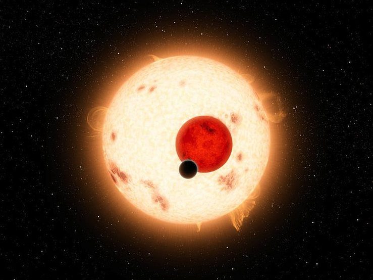 Dessin d'artiste montrant le transit d'exoplanètes sur le disque d'une étoile.