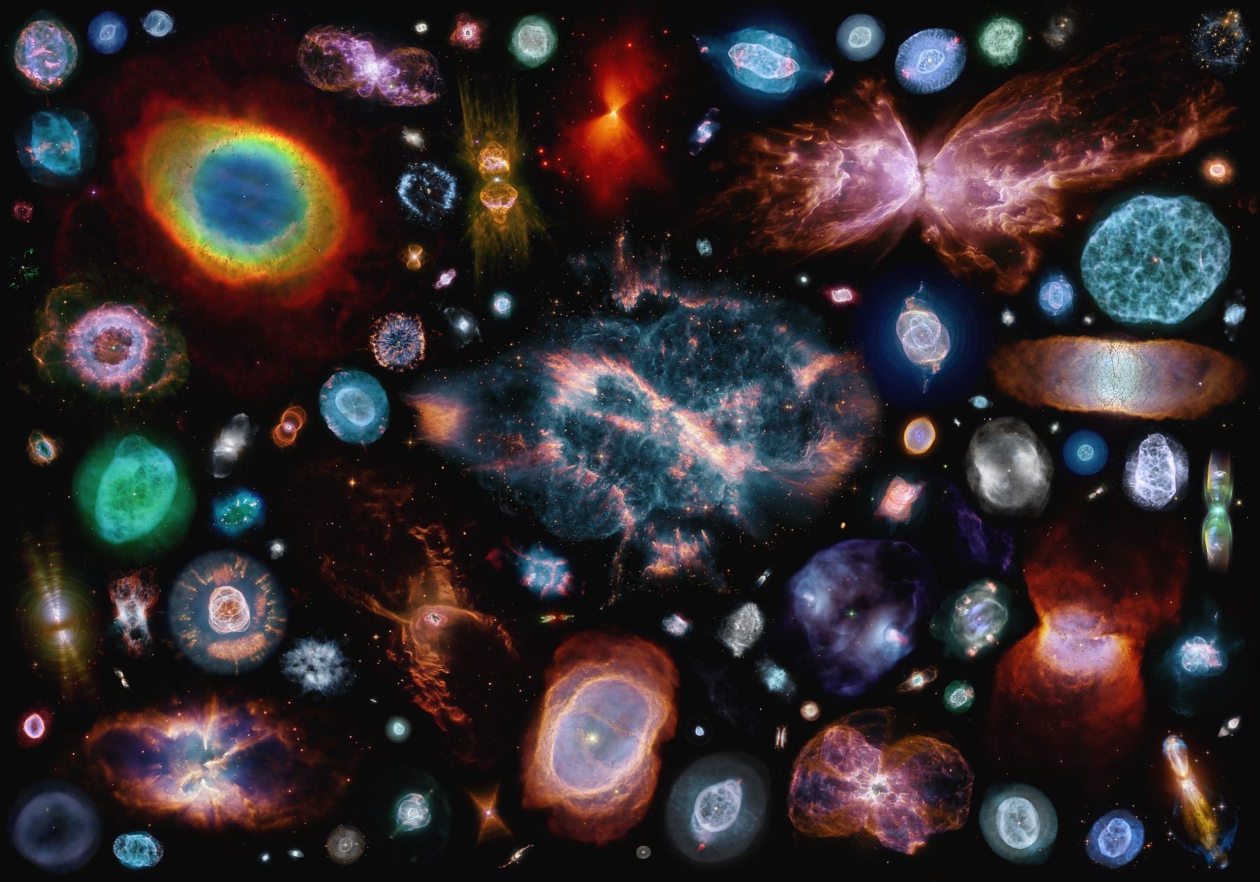 Collage de 100 nébuleuses planétaires, l'auteur assure que l'échelle est respectée