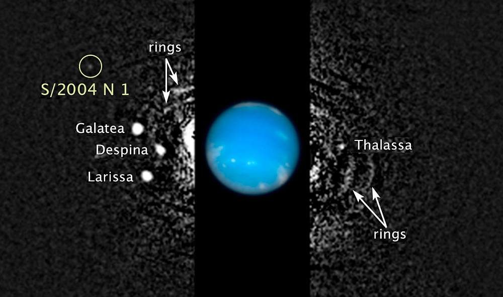 Image composite de Neptune montrant le nouveau satellite