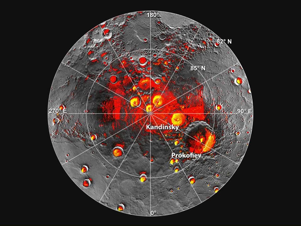 Les régions polaires nord de Mercure, qui sont dans l'ombre sur toutes les images de MESSENGER, sont représentées en rouge.