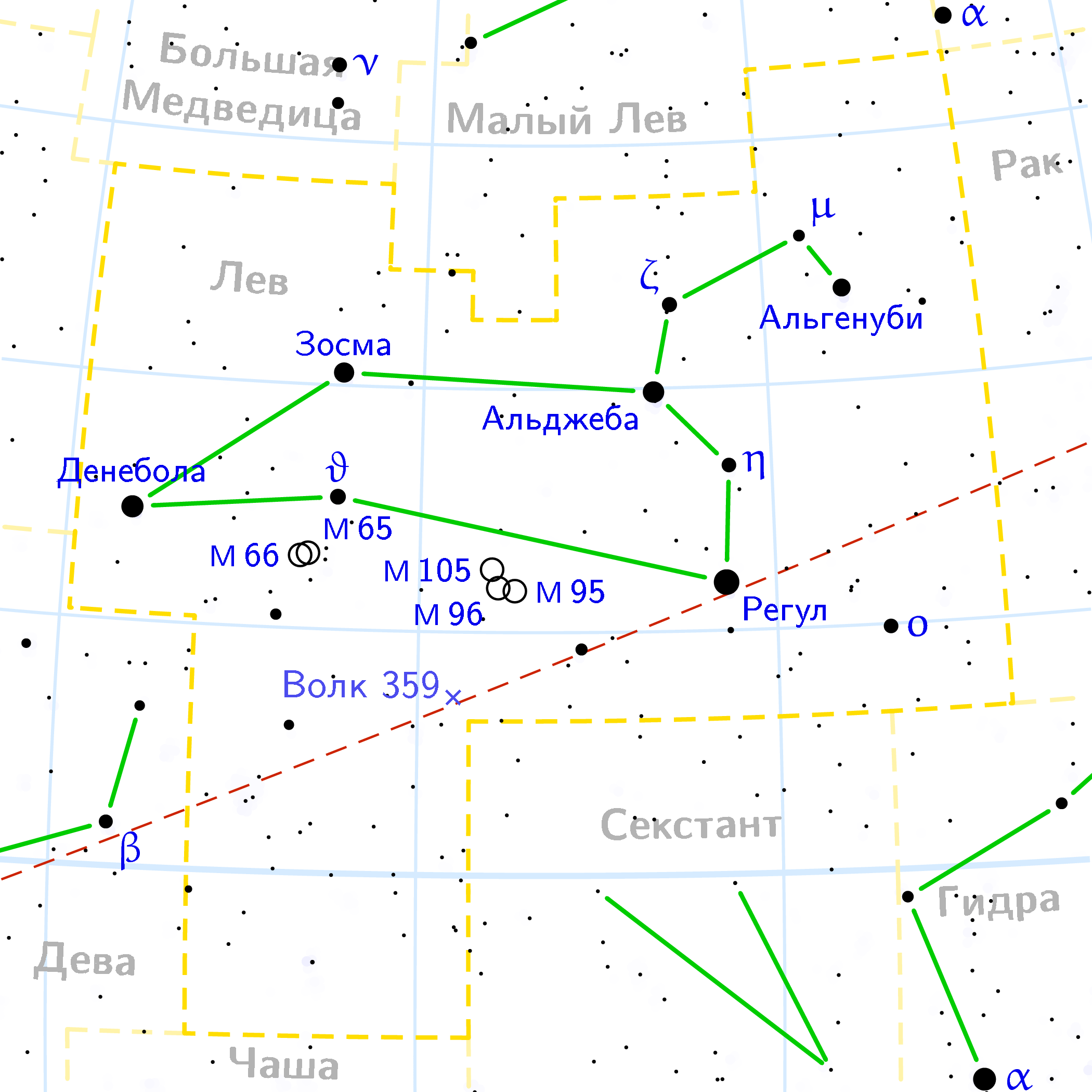 La constellation du Lion, y compris l'astérisme Sickle.