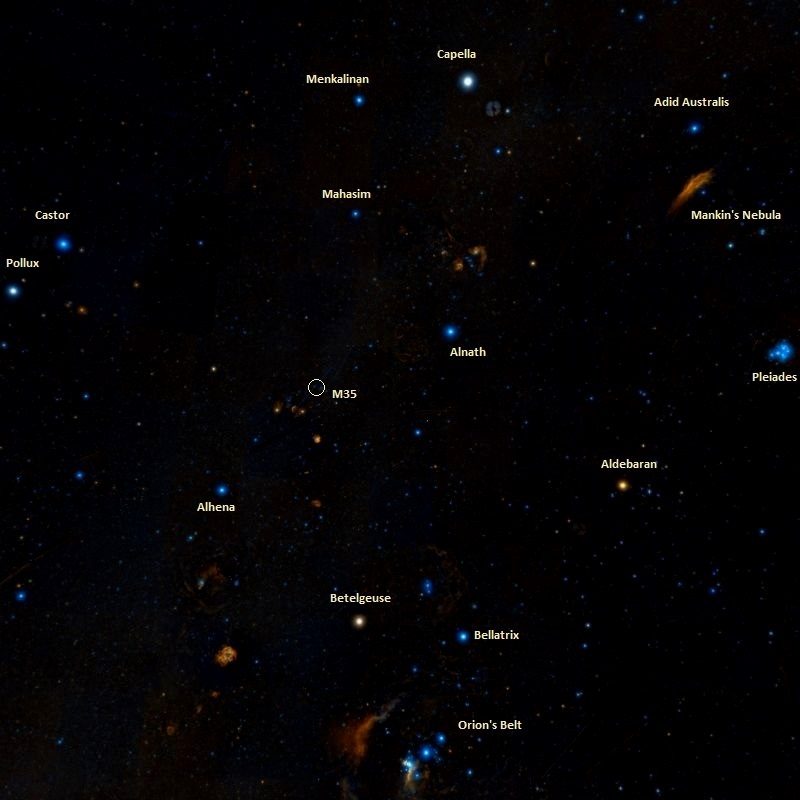Amas dispersé M35 et objets voisins dans le ciel