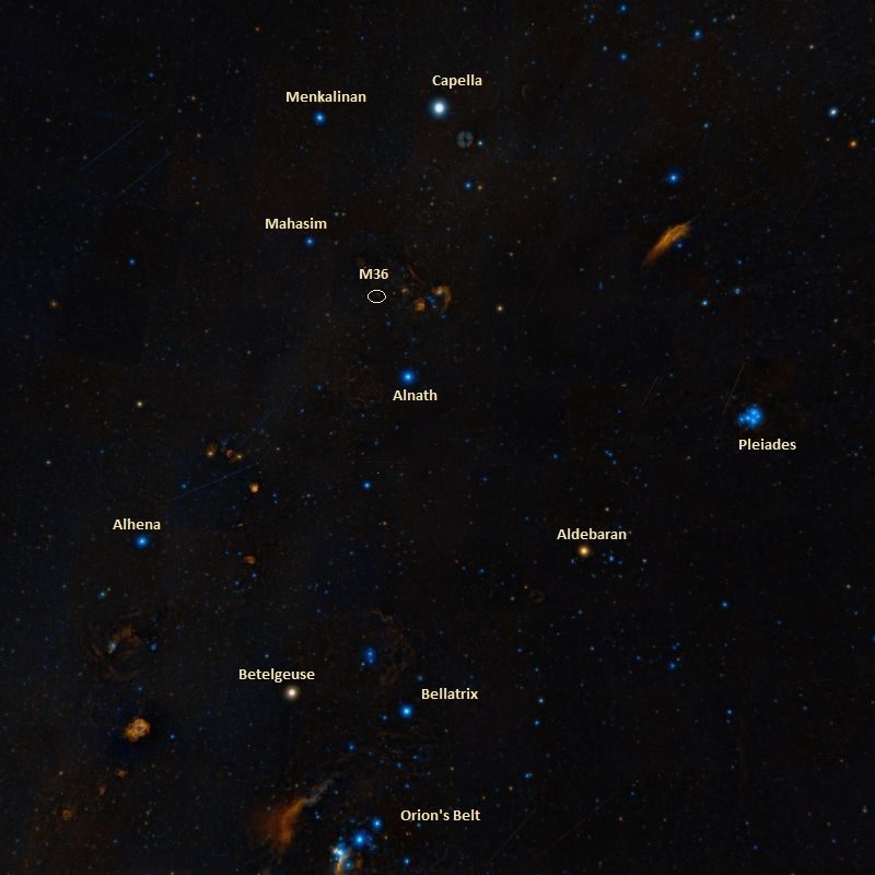 Amas dispersé M36 et objets voisins dans le ciel