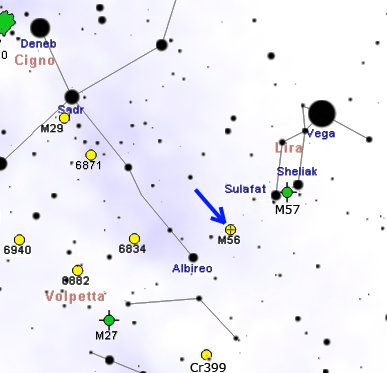 Position de l'amas M56 par rapport aux constellations de la Lyre et du Cygne