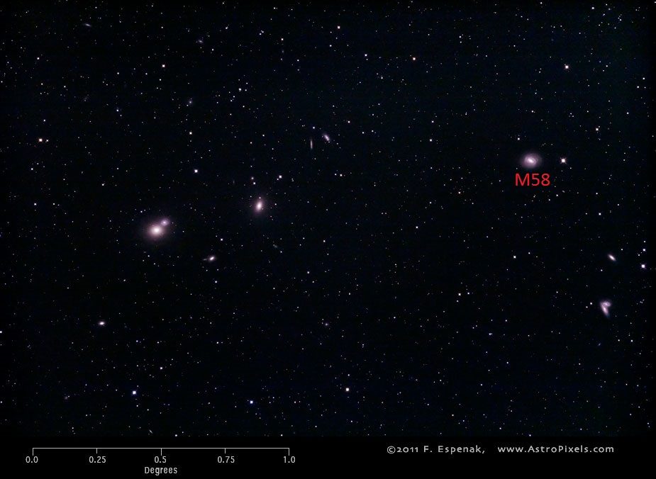 Vue de la galaxie M58 à l'échelle de quelques degrés
