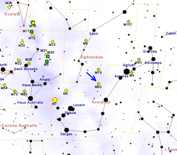Position de l'amas Messier 62 dans la constellation du Serpentaire.