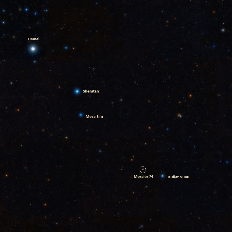 Position de la galaxie Messier 74 par rapport à Eta Pisces (Kullat Nunu)