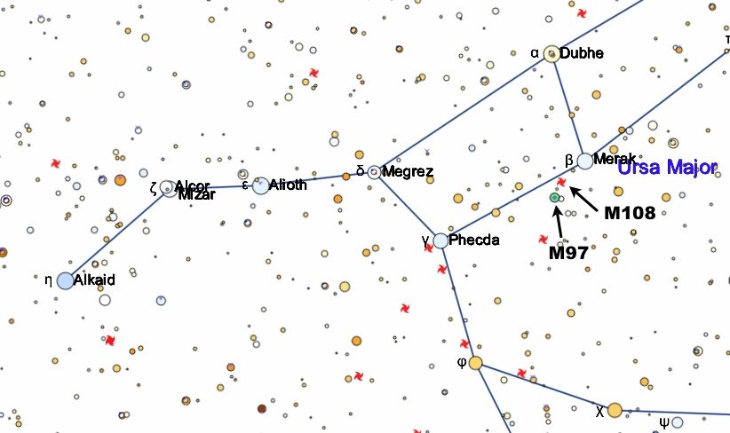Position de la nébuleuse M97 et de la galaxie M108 dans l'astérisme de la Grande Ourse
