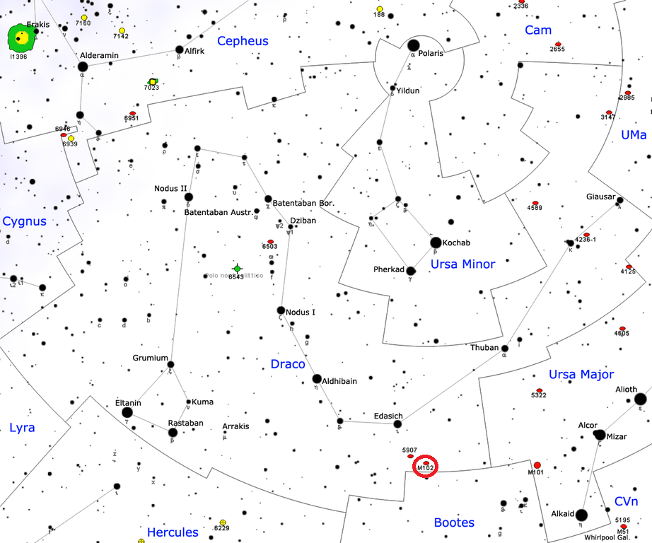 Position de la galaxie Messier 102 dans la constellation du Dragon.