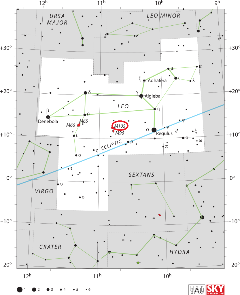 Position de Messier 105 dans la constellation du Lion