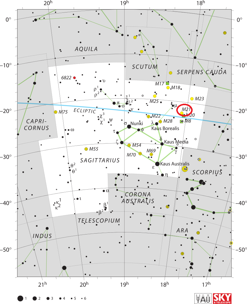 Position de l'amas M21 dans la constellation du Sagittaire