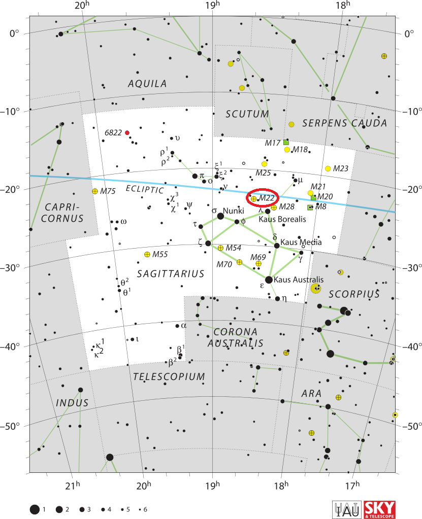 Position de l'amas M22 dans la constellation du Sagittaire