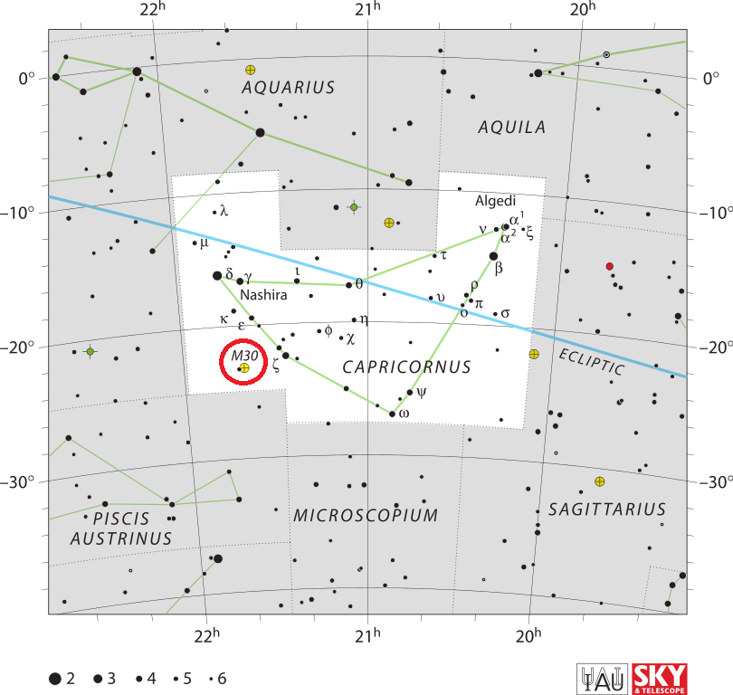 Position de l'amas M30 dans la constellation du Capricorne