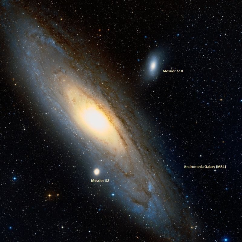 La galaxie d'Andromède et ses voisines, les objets de Messier 32 et 110.