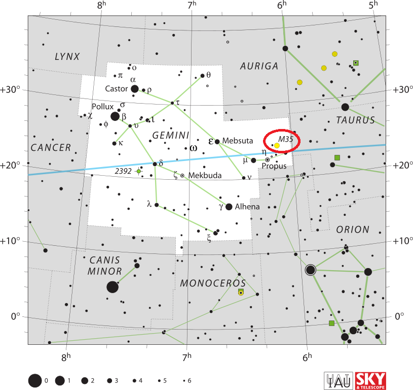 Position de Messier 35 dans la constellation des Gémeaux