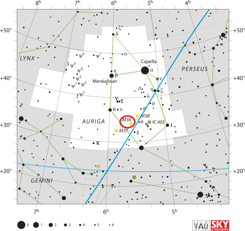 Position de Messier 36 dans la constellation de l'Ascendant