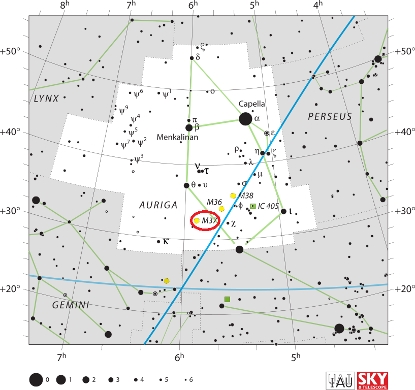 Position de Messier 37 dans la constellation de l'Ascendant