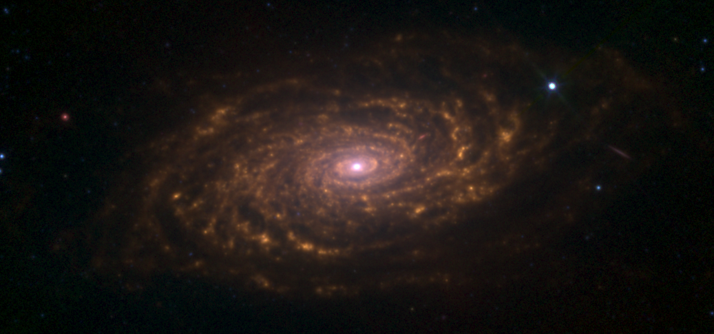 Galaxie du tournesol M63 dans l'infrarouge. On peut apercevoir des filets de poussière de couleur orange. 