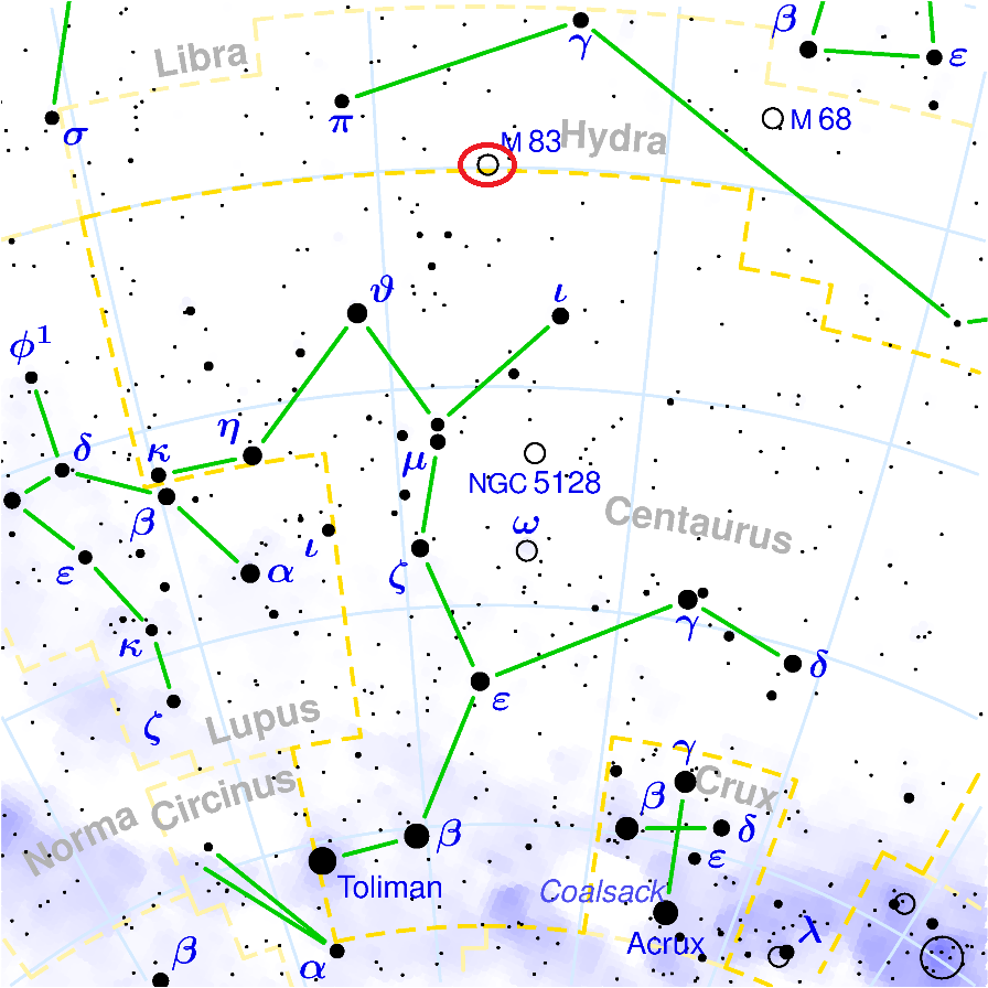Position de la galaxie M83 dans la constellation de l'Hydre
