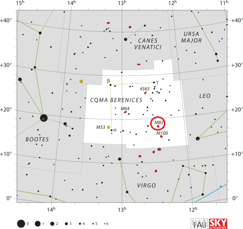 Position de la galaxie Messier 85 dans la constellation de la Chevelure de Véronique.