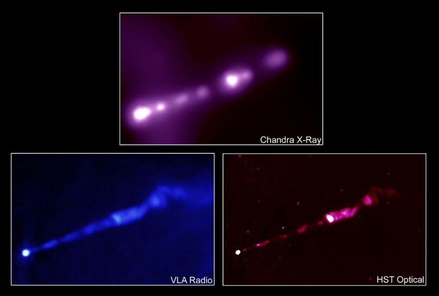 Jet jaillissant du centre de l'objet Messier 87 dans différentes gammes de rayonnement électromagnétique.