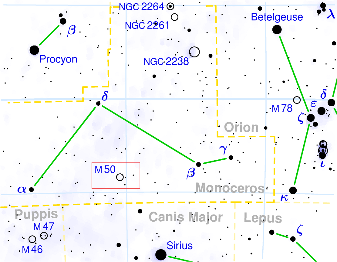Position de l'amas M50 dans la constellation de la Licorne