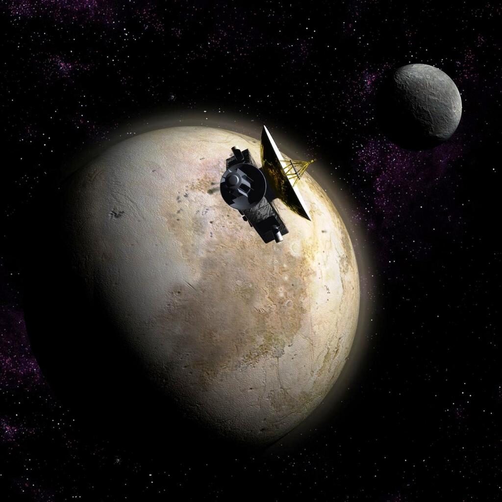 New Horizons en arrière-plan de Pluton et Charon