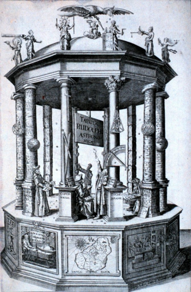 Couverture des Tables Rudolphines, montrant Hipparque, Ptolémée, Copernic et Tycho Brahe.