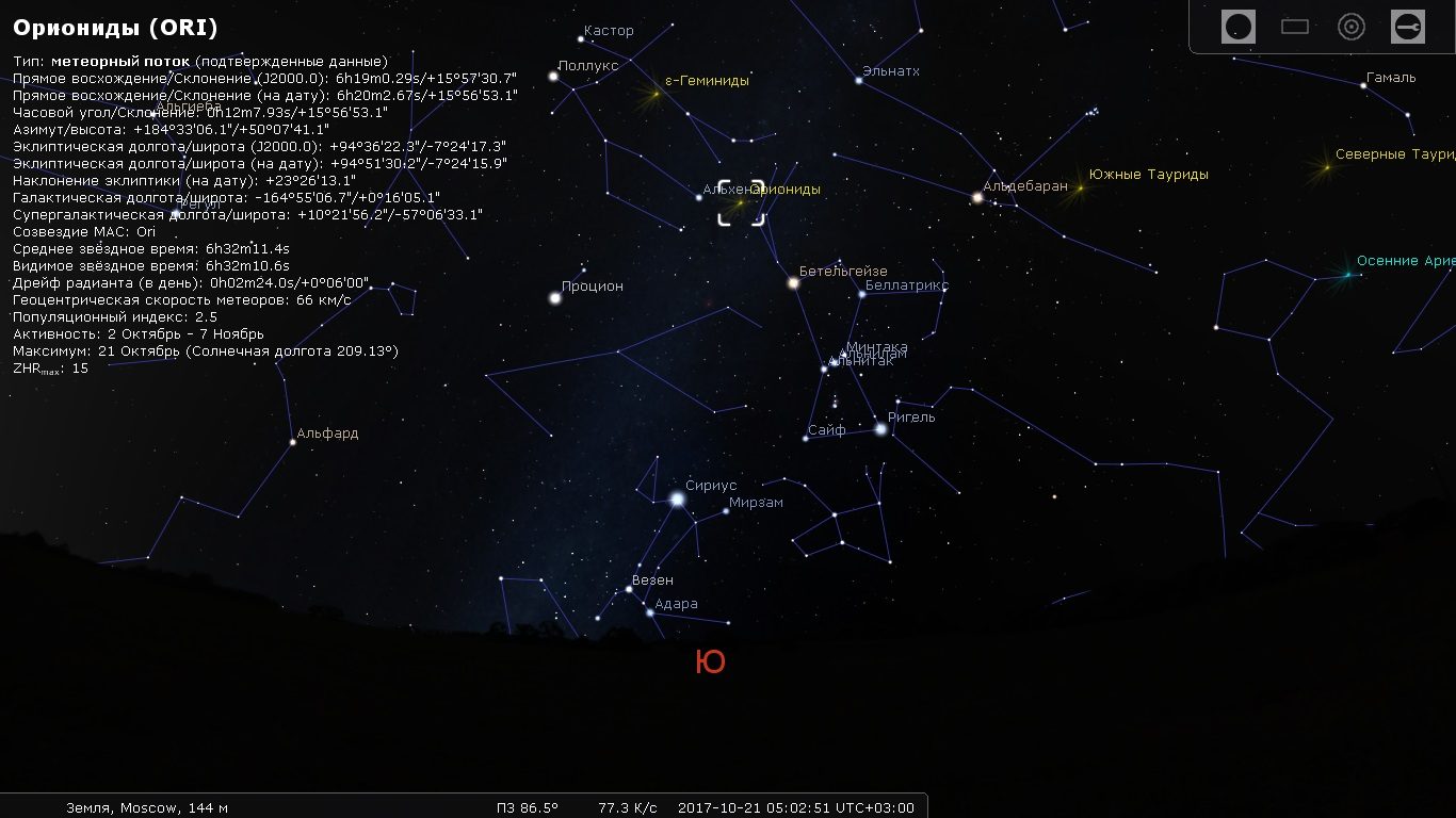 Position du rayonnement du courant des Orionides sur le ciel (programme Ste llarium)